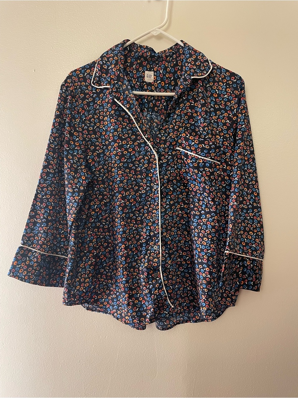GAP Black Floral Button-Up Shirt with Blue and Orange Accents